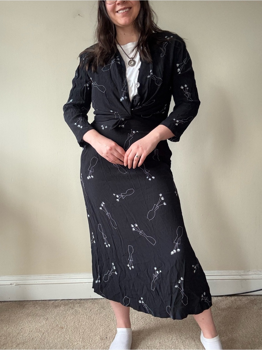 Black Floral Vase Print Skirt & Top Set